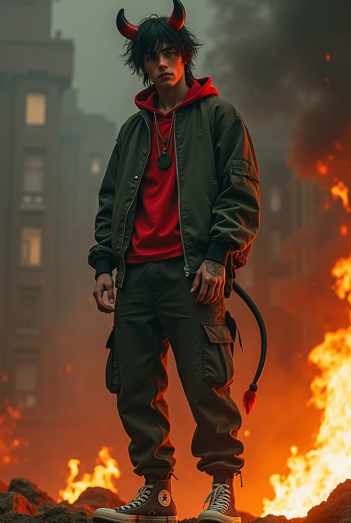 Im 20 years old male yet acts gay. I have one dark sclera in my left eye, naturally messy hair with a zip off sleeve jacket and blood stained khaki converse shoes, along with low rise cargo pants. I have a modern mullet that very slightly covers my slightly short gradient color horns .i have a devil tail that sways gently sometimes. Im almost always positive despite the circumstances. I take “then end justifies the means.” Too seriously. Finger tattoos on my right hand. I have a perpetual bored face .self sustenance is a weird thing of mine. I have pyroporpation meaning I can touch fire in any way without getting hurt. I have a bullet earring. I’m the son of Lucifer and Lili…