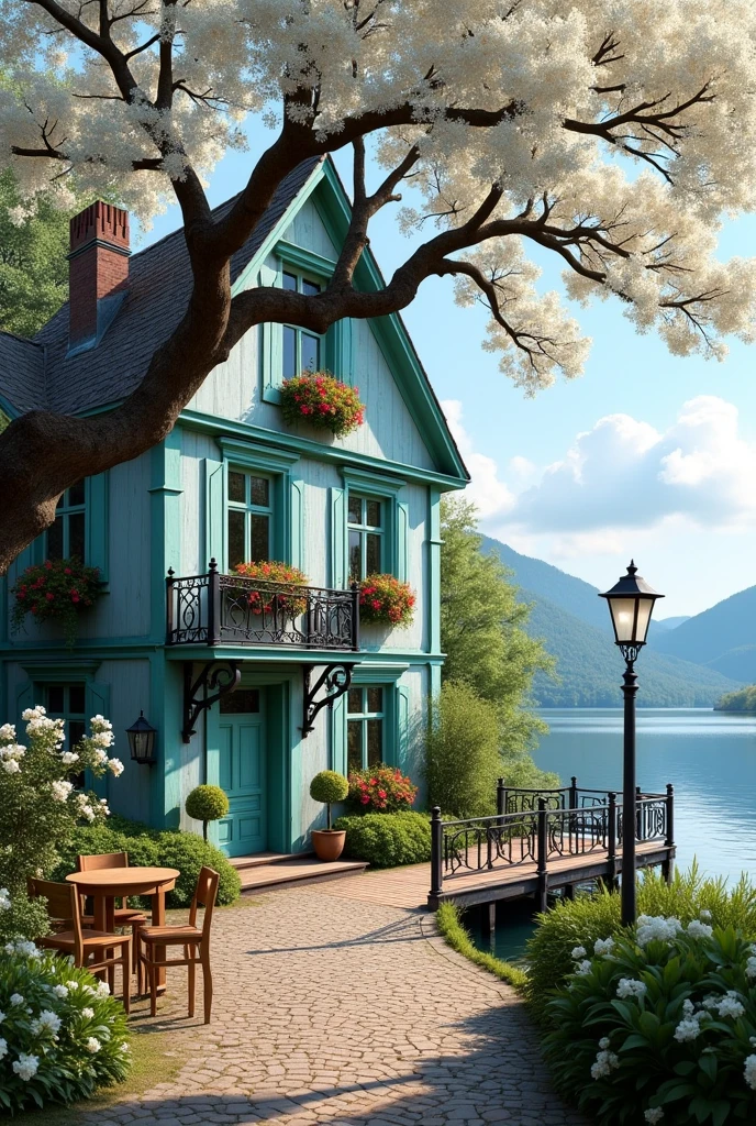 A captivating wide-angle photograph of an idyllic four-story house nestled by a serene and picturesque lake. The house, painted in asoft blue with a mint roof, exudes rustic charm and elegance. Vibrant flower boxes adorn the facade, contrasting the weathered walls with a pop of color. A charming balcony with intricate wrought iron railings extends from the upper level, offering a breathtaking view of the surroundings. A picturesque cobblestone path, partially shaded by a magnificent blossoming tree, winds gracefully towards the front door. The tree's delicate white flowers form a natural canopy, with a solitary lamppost casting a warm, inviting glow. To the right, a cozy wooden deck stretches over the water, complete with a table and chairs for moments of quiet reflection., 3d render, illustration, photo, cinematic