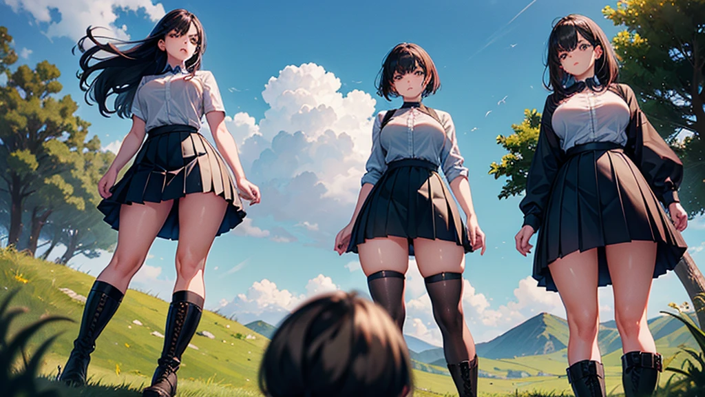 three angry women, 30 years old, thicc curvy body, wearing pleated skirt and boots, stomping the grass, viewed from below 