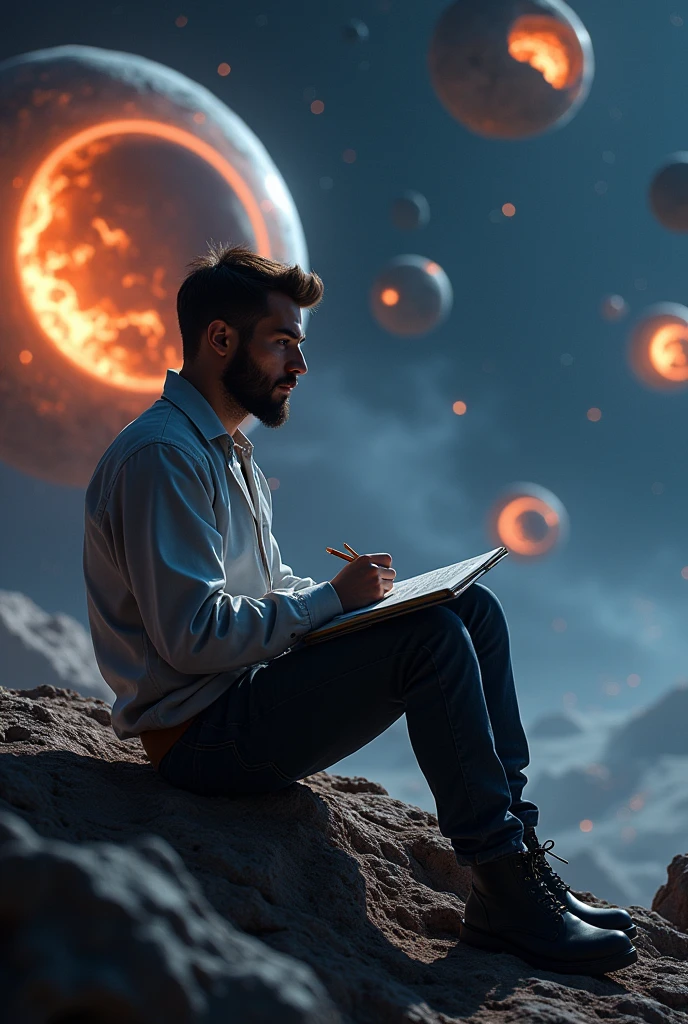 Drawing of a young programmer, Sitting on a research platform floating in the middle of the asteroid belt. He is studying with a notebook., Surrounded by several asteroids emitting fiery rings. Dramatic lights from distant stars and planets illuminate the scene, Casting a deep shadow on the suit. The young man looks confident and determined., Look at the vast and mysterious universe with wonder and awe,beard, Cowboy shooting,