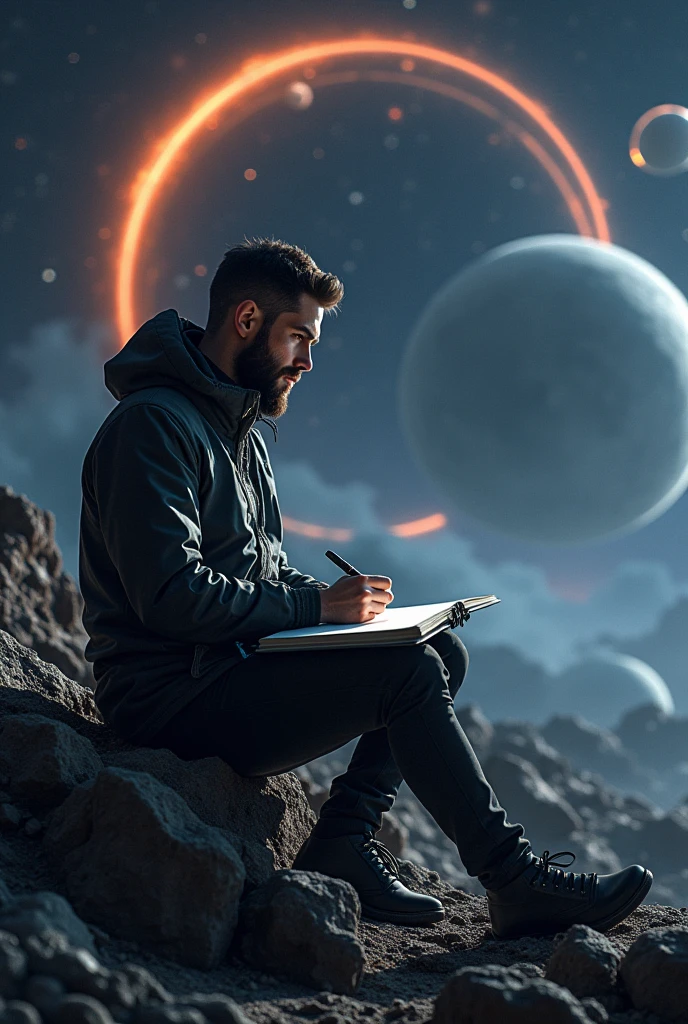 Drawing of a young programmer, Sitting on a research platform floating in the middle of the asteroid belt. He is studying with a notebook., Surrounded by several asteroids emitting fiery rings. Dramatic lights from distant stars and planets illuminate the scene, Casting a deep shadow on the suit. The young man looks confident and determined., Look at the vast and mysterious universe with wonder and awe,beard, Cowboy shooting,