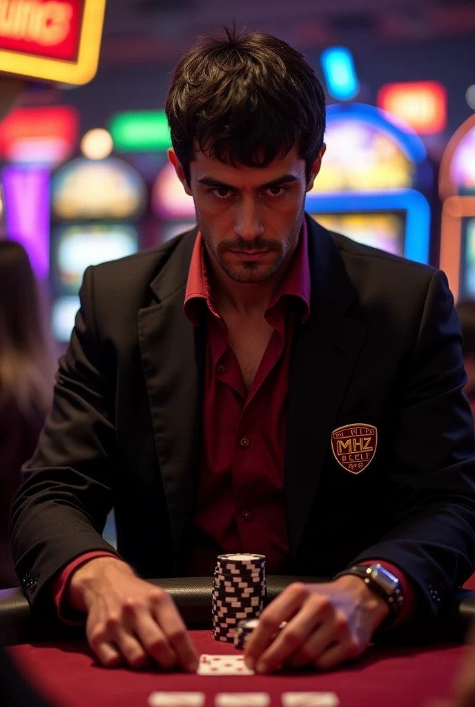 Create Scarface from the movie wearing a burgundy shirt and black jacket playing poker at the casino and carrying a badge that says MHZ