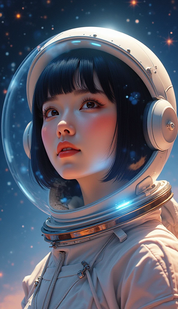 Beautiful adult woman、Japanese、clear、Black Hair、Brown eyes、Transparency、Pink Lips、Bobcut、Retro spacesuit、Upper Body、Look Up、smile、universe space、Real、Masterpiece、Highest quality、Light reflecting off the helmet、