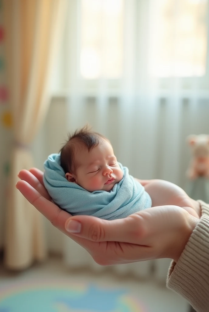 Create an image of a baby boy in someones hand with title mistake incoming 