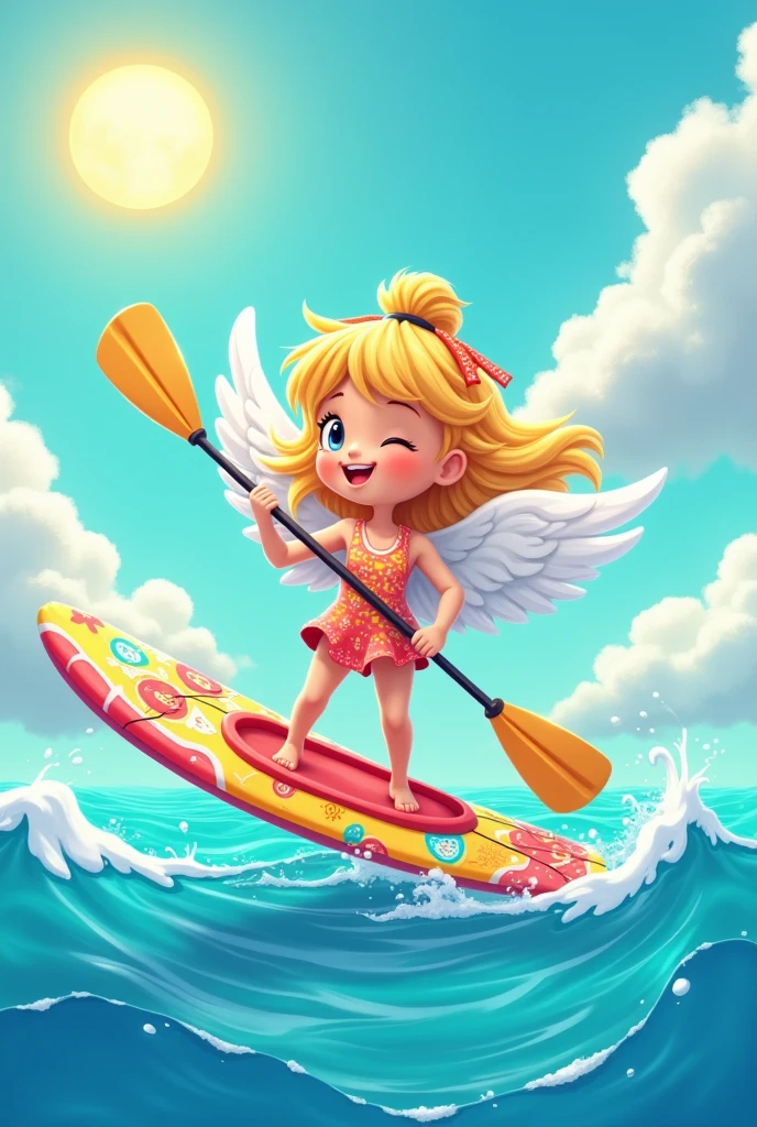 Angel with wings is a cute cartoon character dressed up, paddling a boat and holding a SUP board in the sea.