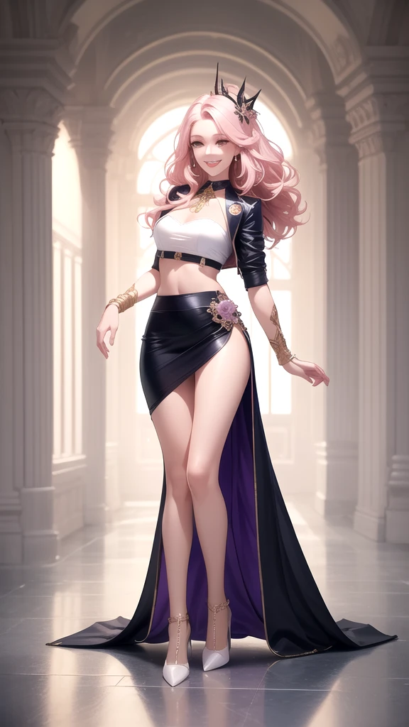 ((Full body shot: 1.5))、((Lightly dressed K-pop idol costume))、((Kpop idol costume))、((Micro Mini Skirt))、((Big smile))、(masterpiece, best quality), intricate details, thin, ((slim)), beautiful girl, Light pink hair, white skin, light purple eyes, sharp jawline, cropped jacket, messy hair, lips, upper body, close up, smirk