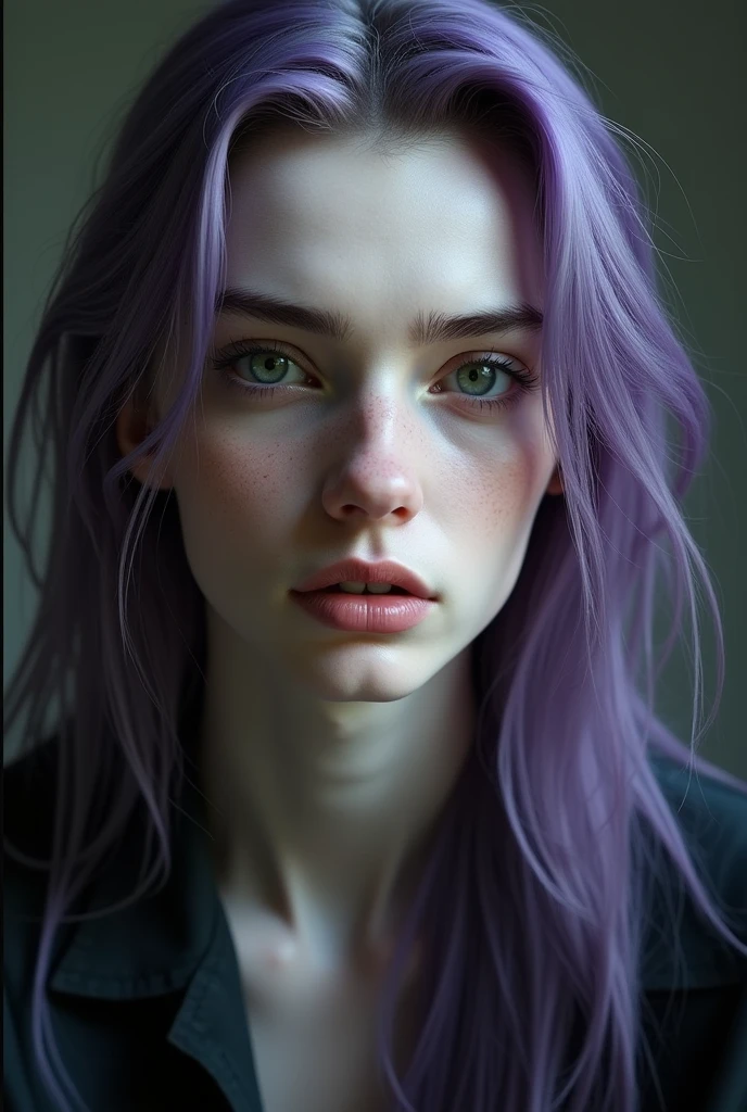 pale man, dark lavender hair, straight long hair, big nose, big lips, thick upper lip, sharp jawline, prominent cheekbones, green eyes