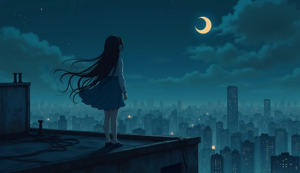 A lonely girl with headphones stands on a rooftop of a building at night.