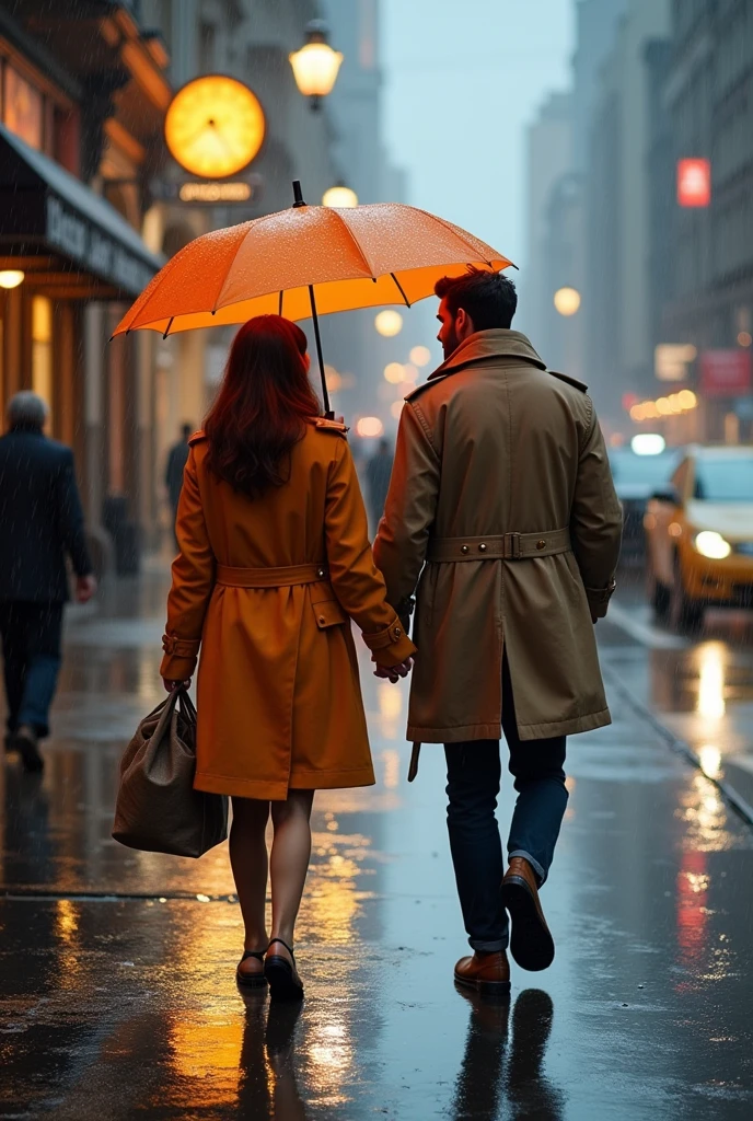 “Create a heartwarming scene of a beautiful couple walking together on a rainy road during a heavy downpour. The man and woman are stylishly dressed, sharing an umbrella as they navigate the wet, glistening street. Suddenly, they notice a small boy nearby, standing alone in the rain and wearing a makeshift sack to protect himself from the downpour.

Moved by the sight, the couple stops and decides to help. They offer their umbrella to the boy, who gratefully accepts it. Capture the moment when the boy removes the sack and takes the umbrella, his face lighting up with happiness. The couple watches him with warm smiles, feeling a deep sense of satisfaction and compassion.

The rain continues to fall heavily, with the street reflecting the city lights, adding a magical glow to the scene. The couple, now without an umbrella, stands close together, still smiling as they watch the boy walk away under the protection of the umbrella. Emphasize the emotional connection and kindness in this scene, with intricate details in the rain, the couple’s expressions, and the boy’s newfound joy.””Realistic, intricate details, vibrant colours.
