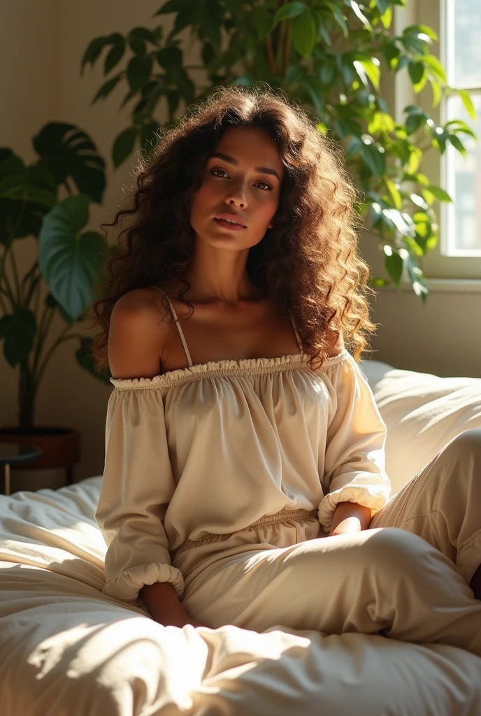 (photorealism:1.2), beautiful woman, sitting on bed, wearing loose off-shoulder top, pajama pants, long curly hair, indoors, soft lighting, plants in background, window with sunlight, cozy room, relaxed pose, realistic, intricate details, warm colors, by Greg Rutkowski, by Alphonse Mucha