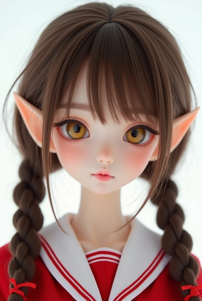 Overlooking、Image from the chest up、Girl、White skin、Brown Hair、Twin tails、Red hair laces、Glass-like yellow eyes、Red Sailor Suit、Rozen Maiden、Pink Lips、Expressionless、Brown eyelashes、Short eyebrows、Looking up、Bangs that aren&#39;t straight、White background、delicate、Ball jointed doll、Elf Ears