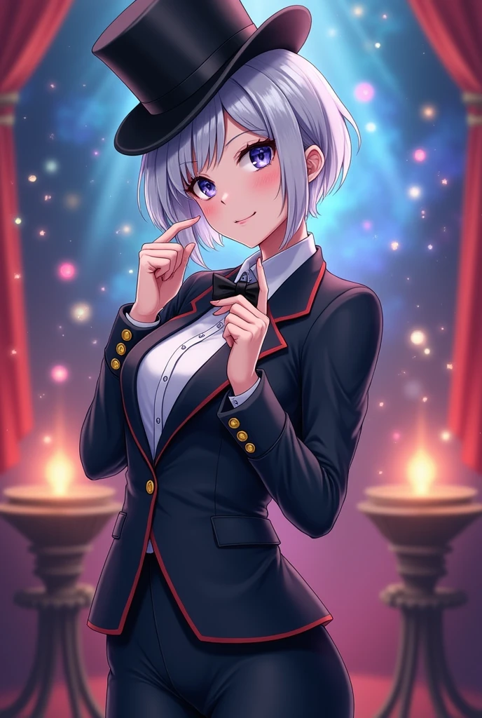 magician、Trump、Silver Hair、young woman、Anime Style、Big Breasts、silk hat、suit、Wolf Cut