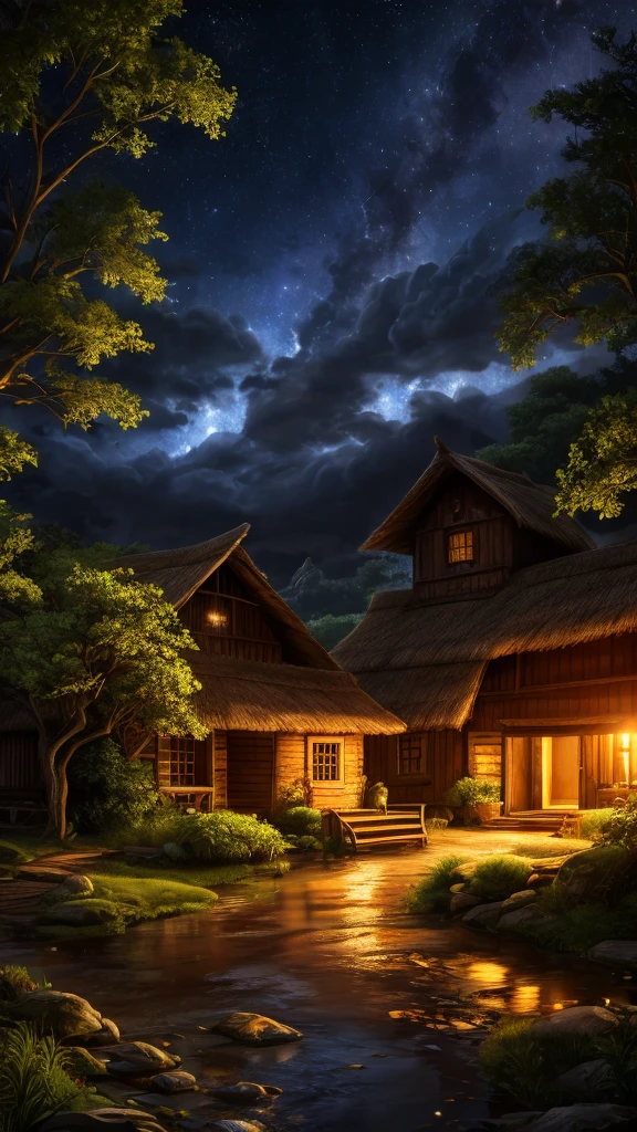 A beautiful village at night, rustic mud house with thatched roof, lush green tree, fluffy clouds in starry sky, glowing fireflies, (best quality,4k,8k,highres,masterpiece:1.2),ultra-detailed,(realistic,photorealistic,photo-realistic:1.37),cinematic lighting,warm color tones,vibrant colors,dramatic shadows,detailed foliage,atmospheric,landscape,ambient occlusion,natural scenery