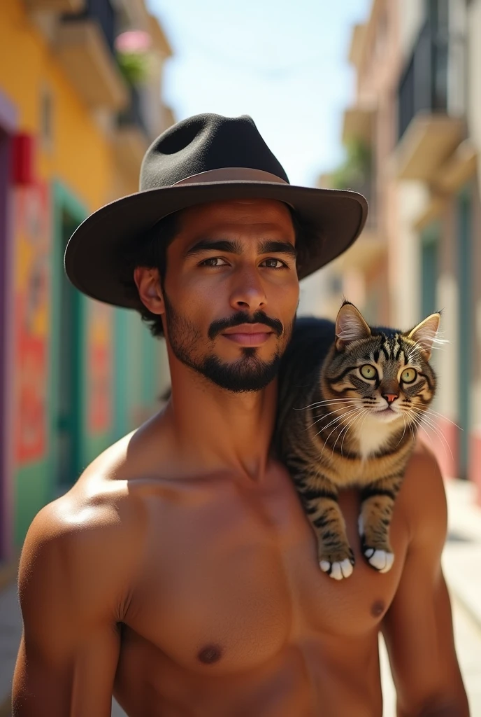 A 22-year-old North African with a goatee, short hair athletic body charming look carrying a cat on his shoulder with a hat on his head