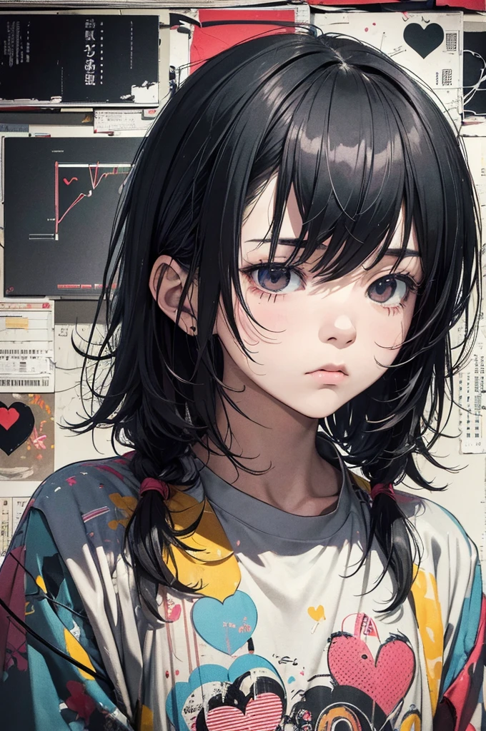 (masterpiece, best quality,ultra highres),flat color,(messy collage art),(japanese boy, emo face,Heart rate monitor, electrocardiogram),nostalgic melancholic artwork,lofi girl, cmyk palette, contemporary artistic collage,
