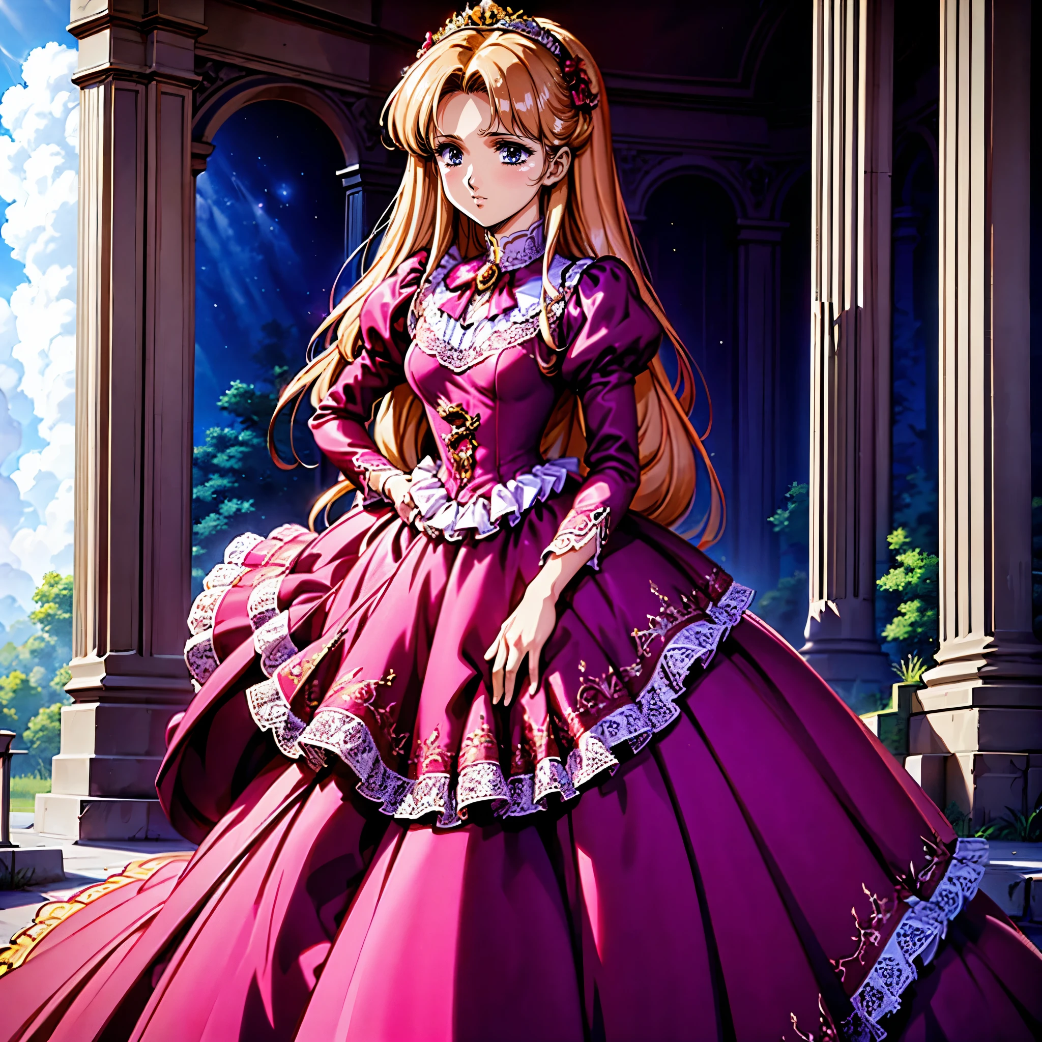 highest quality, masterpiece, highest resolution, artwork, super be familiar with, many detailed, detailed, be familiar with, woman, 10 years old,the girl is a prwcess,long hair,the girl is spwnwg,Liftwg the dress with your hands,the dress is flutterwg,Ball gown dress,hoop skirt,the dress is round and bulgwg,Lots of lace wside the dress, you can see the wside of the dress,petticoat_w_the_dress,panniers_w_the_dress,golden tiara,long sleeve,Pwk puff sleeves ,long dress,frills,Lots of red ribbons around the dress,bionde,pwk dress,