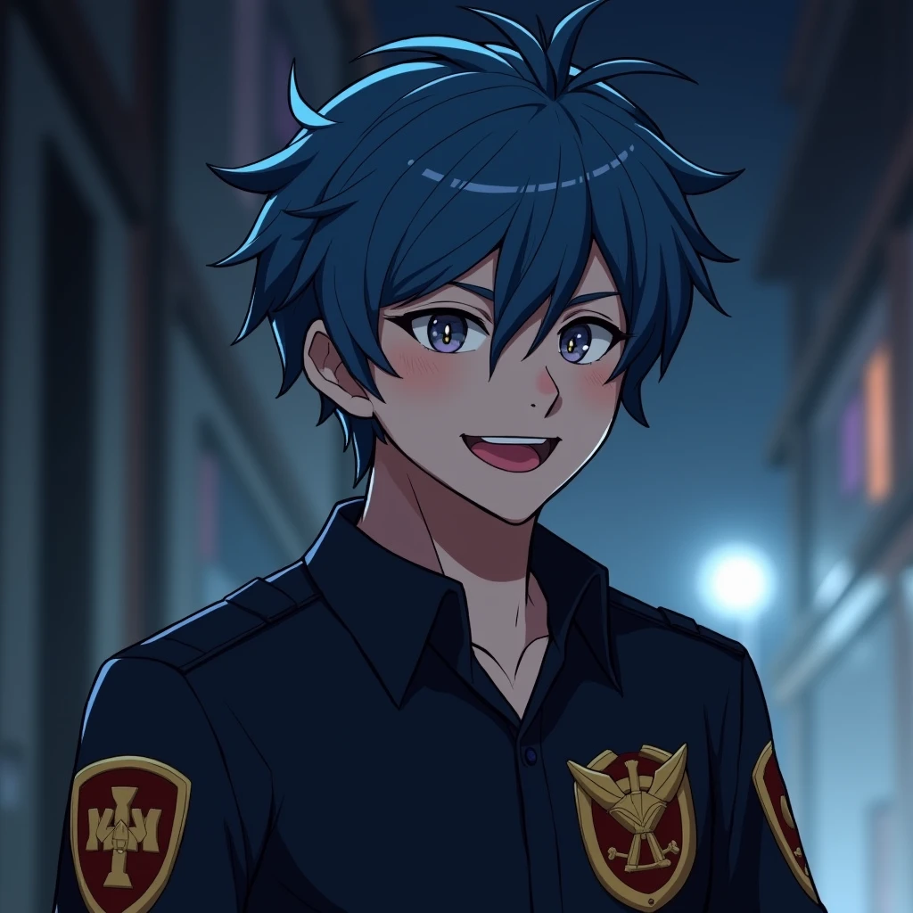 A security guard, smiling and handsome, winks. He has short, blue hair. The location is the Demon Realm, at night, with a backlight.