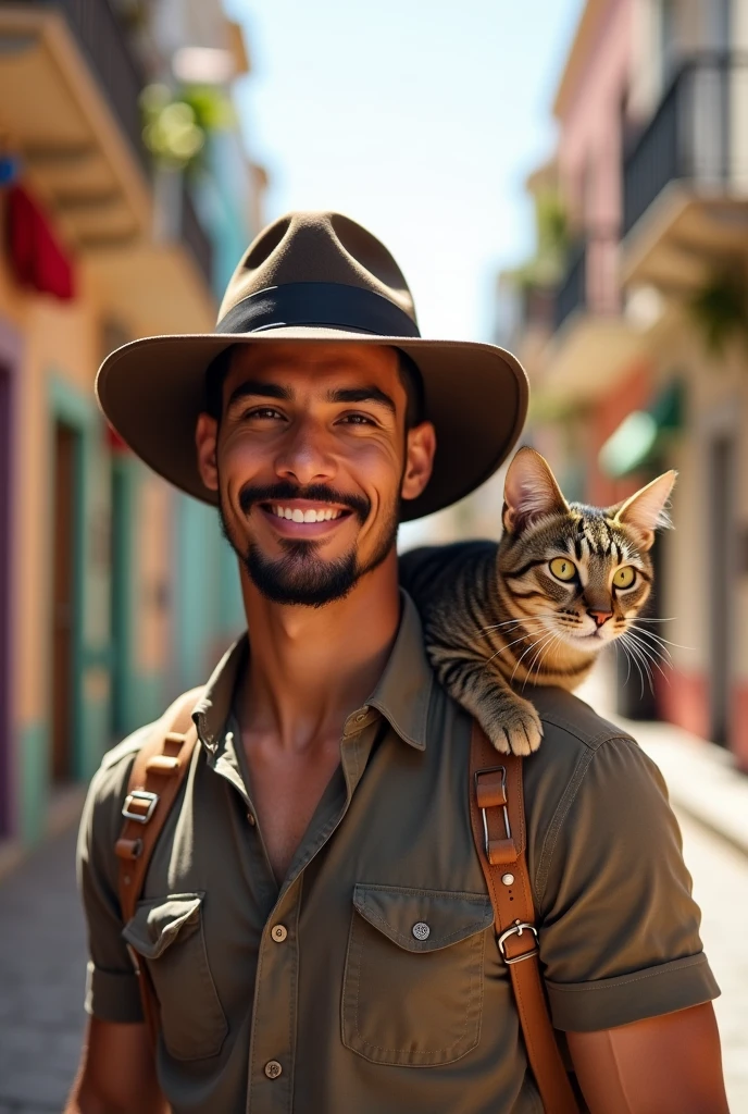 A 22-year-old North African with a goatee, short hair athletic body charming look carrying a cat on his shoulder with a hat on his head
