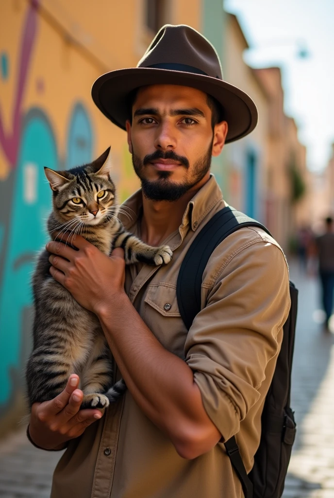A North African with an athletic build in his twenties, charming gaze, carrying a cat on his shoulder with a hat on his head.