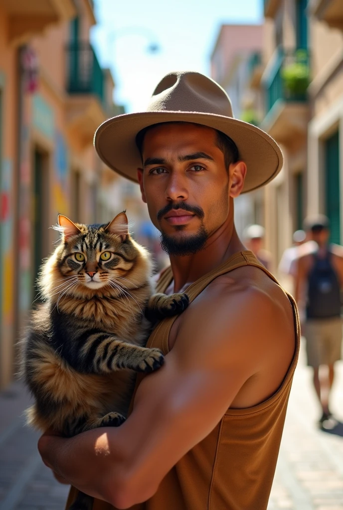 A 22-year-old North African with a goatee, short hair athletic body charming look carrying a cat on his shoulder with a hat on his head