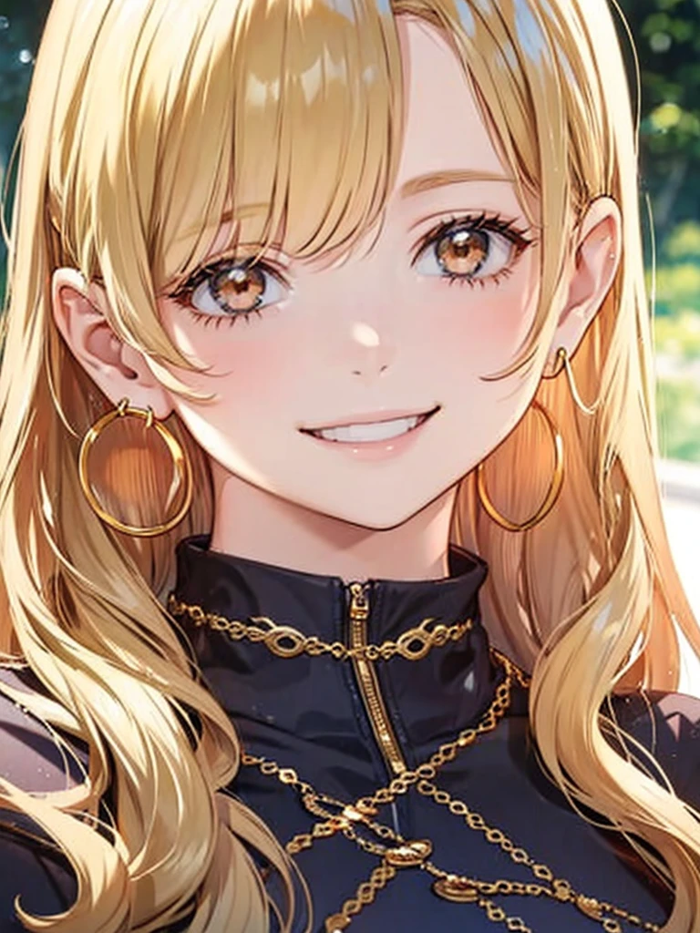 a young GIRL with Blonde hair, smiling, posing on the ROOM, 1girl, jewelry, earrings, solo, realistic, hoop earrings, outdoors, looking at viewer, smile, Blonde hair