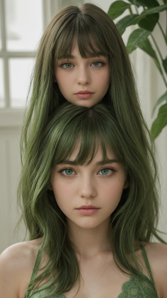 a girl. European. Extremely detailed face. Oval face. Delicate facial features. Half-closed eyes. Long straight hair. Messy hair. Bangs. Green hair. Green eyes. expression Shy