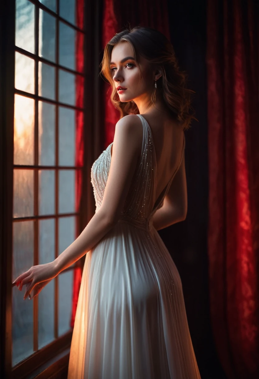 closeup shot, woman in a dress standing in front of a window, romanticism, in evening gown, flowing gown, wearing a flowing dress, mysterious woman, haunting beautiful young woman, wearing a white flowing dress, flowing dress, woman in dress, extremely moody red lighting, 