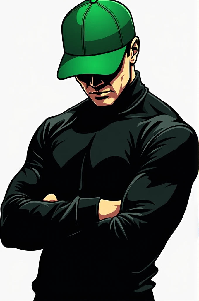 Make me a logo of a guy with a green cap facing down wearing a black sweater with his arms crossed