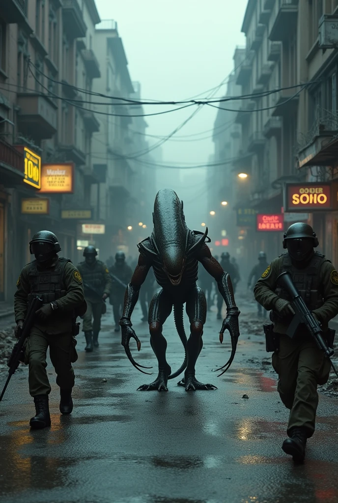 There are several terrifying Xenomorph creatures and Facehugger on the dilapidated streets,and soldiers are resisting on the street, with movie level photos taken