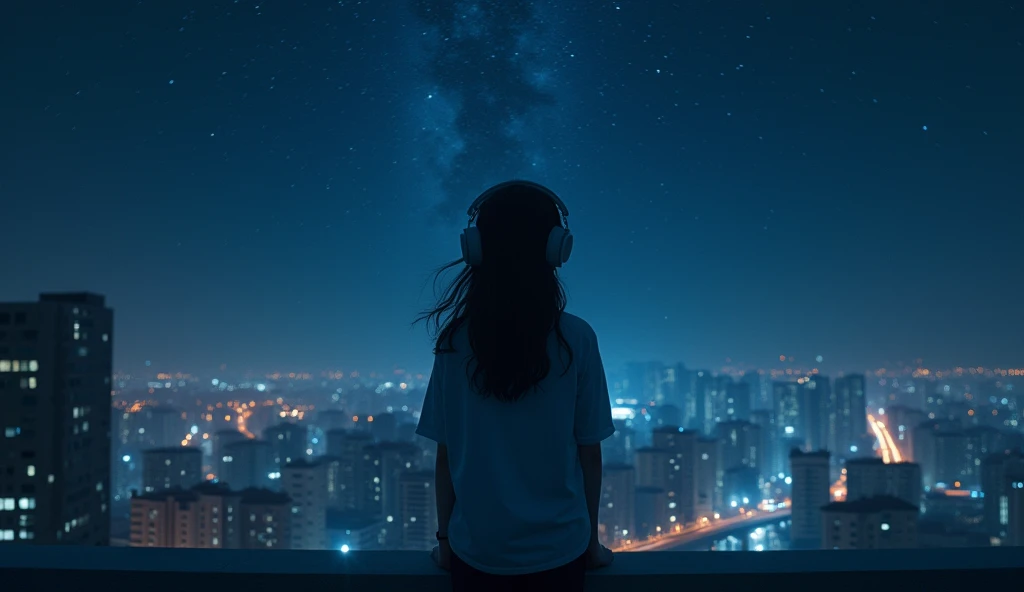 A lonely girl wearing headphones stands on the rooftop of a building under a beautiful starry night sky