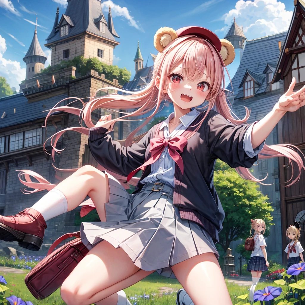Pink Blonde、Red eyes、Hair tied up、Two cute、Checked mini skirt、black t-shirts、cardigan、Knee-high socks、bear ears baseball cap、Teeth are visible、Monster Castle、Tilting face、crossing the bridge、hazakura、windmill、grass、Stones are growing out of the ground.、impregnable、A teddy bear is walking、Morning glory is blooming.、In front of the city gates