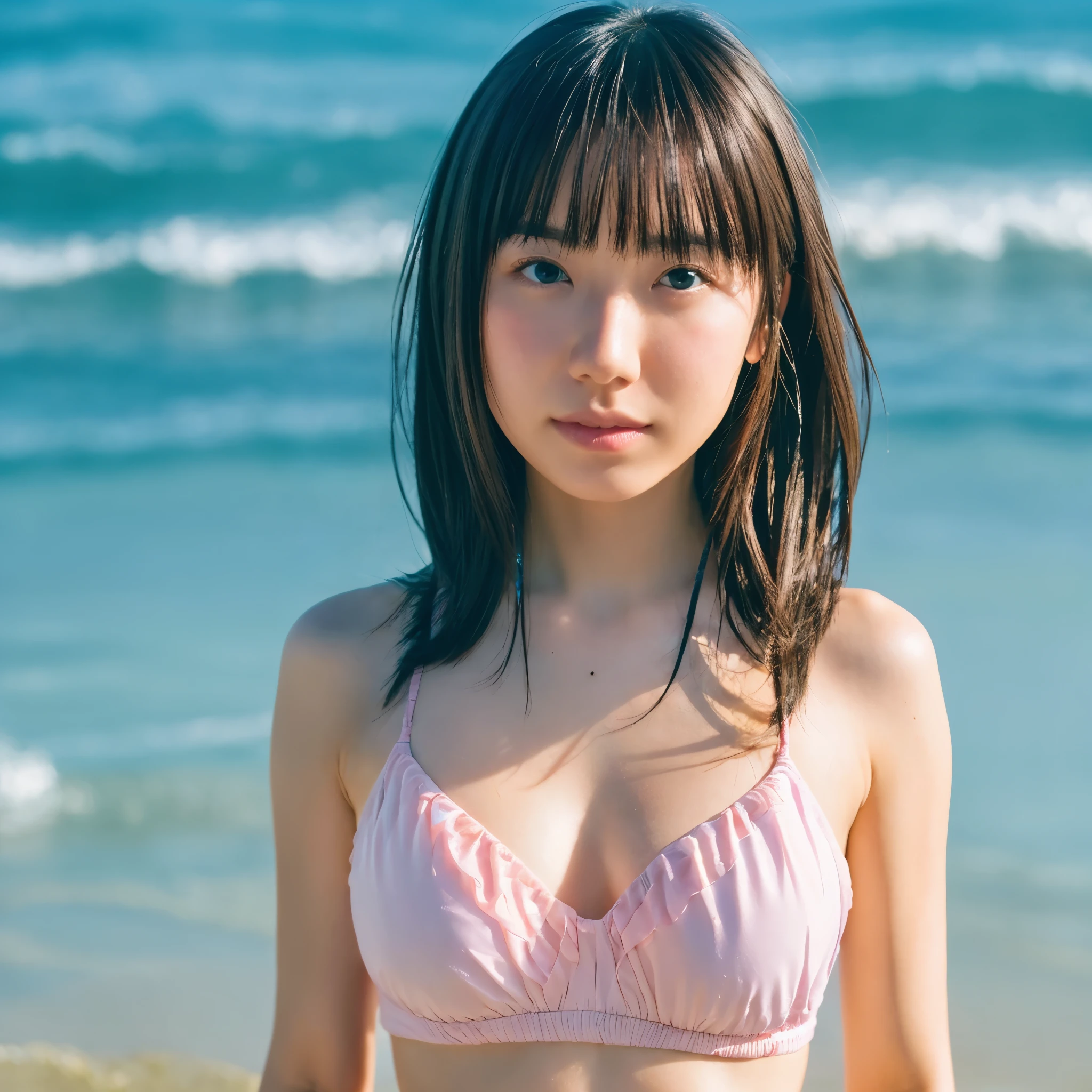 8k, highest quality, masterpiece, super high resolution, (realistic:1.4), RAW Photos, (Film Grain:1.3), One Girl, portrait of a Japanese woman, 30 years old, standing on the beach, a cute face, detailed face, detailed eyes, {short|long} hair, correct body anatomy, wearing a bikini, photogravure