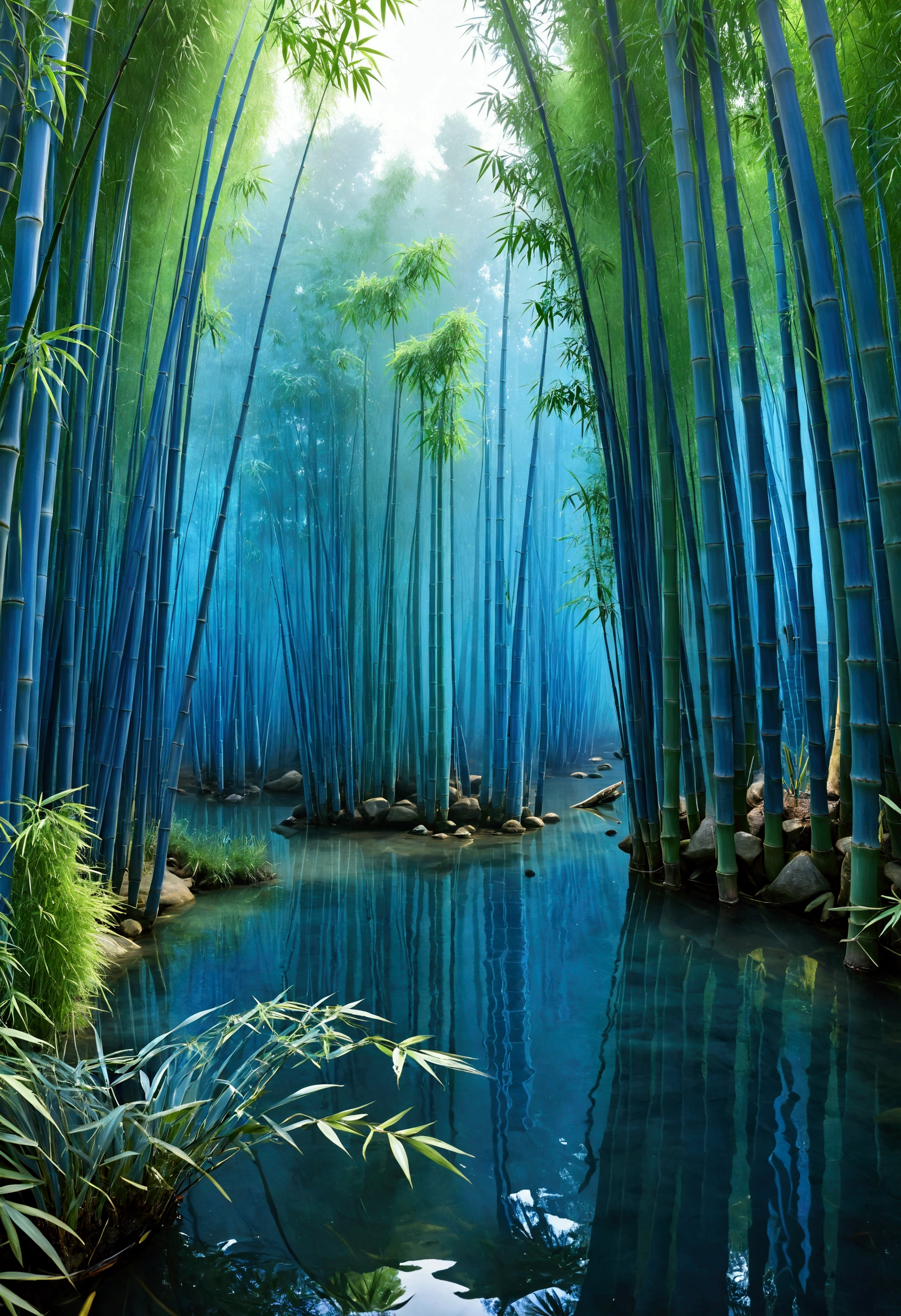 Capture an award-winning, ultra-realistic artistic landscape photograph featuring a thick blue bamboo forest standing at the edge of a serene, clear water lake. The scene is bathed in a soft blue hue, creating an ethereal and surreal atmosphere. The bamboo stalks are tall and slender, their deep blue tones reflecting perfectly on the glassy surface of the lake, forming a mesmerizing mirror illusion that blurs the line between reality and reflection. The water is so still and clear that the forest seems to extend infinitely into the depths, creating a dreamlike composition where the natural elements and their reflections blend seamlessly. The atmosphere is tranquil and otherworldly, with the cool blue tones evoking a sense of calm and mystery. The photograph should capture the intricate details of the bamboo leaves and stalks, as well as the subtle variations in the water’s surface, all rendered with high-definition clarity. The overall composition should evoke a sense of serene beauty and surrealism, as the thick bamboo forest and its perfect reflection create a visually stunning, almost magical landscape that invites the viewer into a peaceful, otherworldly realm.
