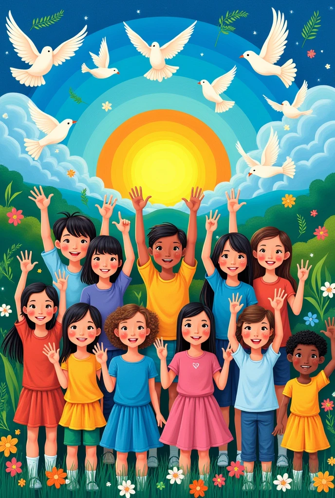 International Peace Poster、world peace、5th grade elementary school、、love&piece、sign language