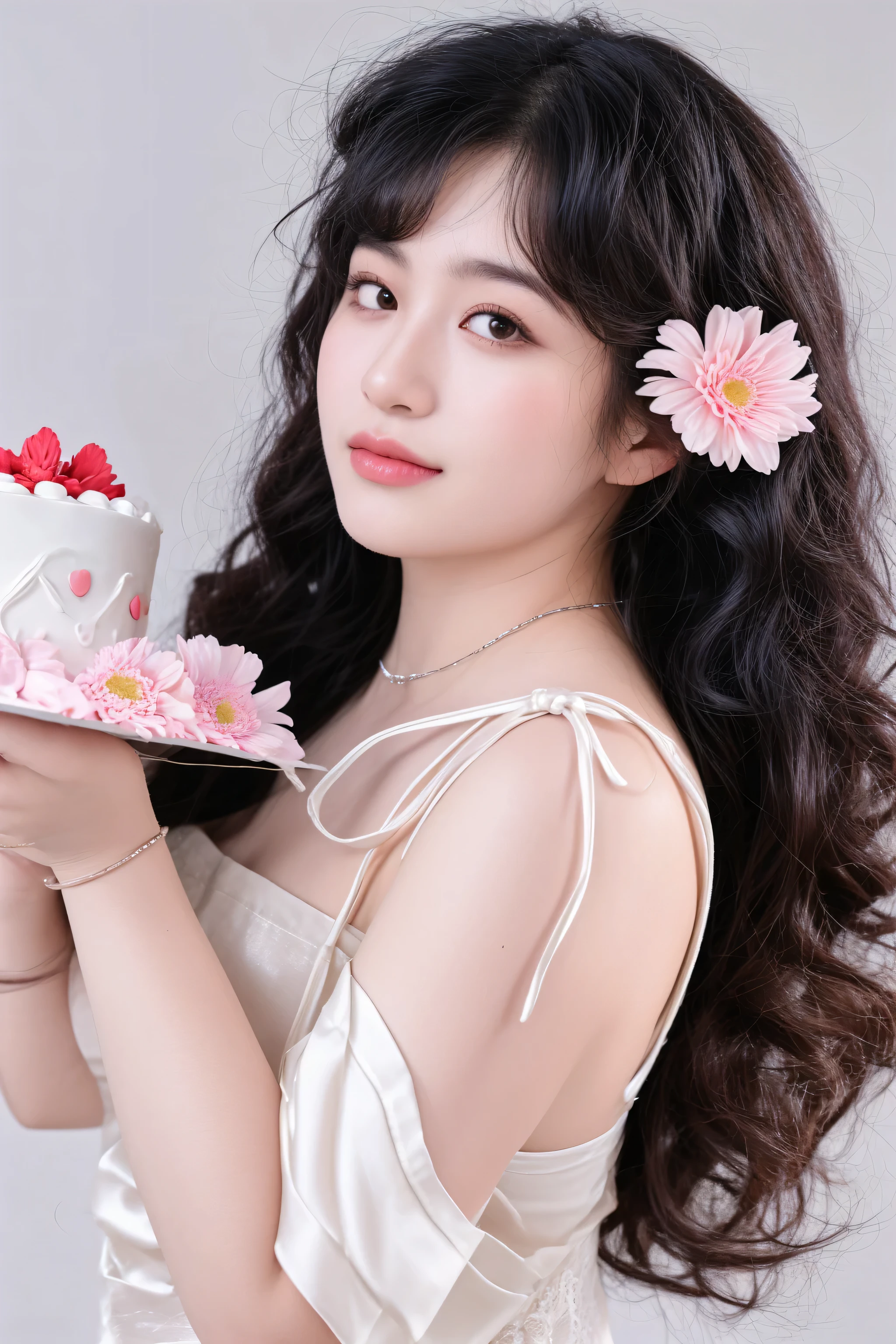 there is a woman with long hair holding a bouquet of flowers, with flowers, captured on canon eos r 6, soft portrait shot 8 k, inspired by Huang Ji, 中 元 节, with frozen flowers around her, girl with a flower head, flowers on hair, flowers in hair, lovely woman, floeers in hair, with bloom ethereal effects