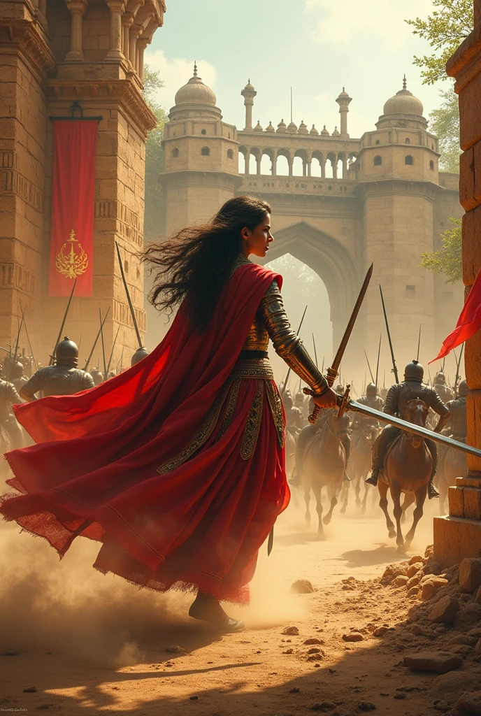 i want an image of an old indian fort with solders fighting and a lady warrior leading the war. the image should look like year 1600 from india