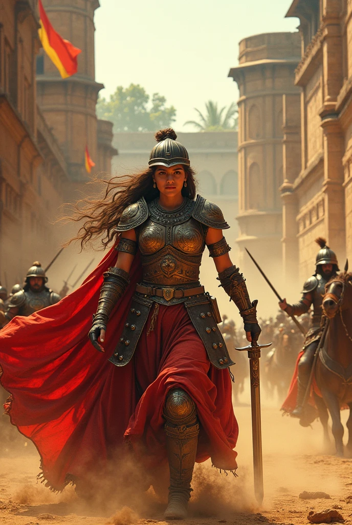 i want an image of an old indian fort with solders fighting and a lady warrior leading the war. the image should look like year 1600 from india