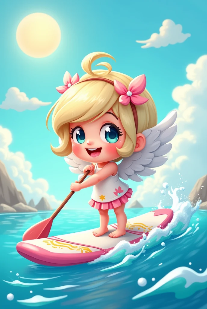 The angel with wings is a cartoon character dressed cutely, paddling a boat, holding a SUP paddle, SUP board in the sea.