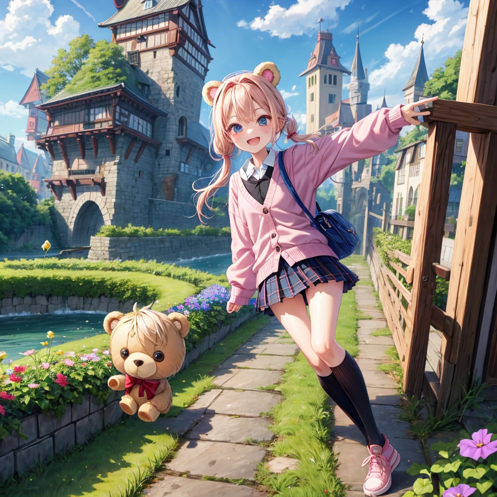 Pink Blonde、Red eyes、Hair tied up、Two cute、Checked mini skirt、black t-shirts、cardigan、Knee-high socks、bear ears baseball cap、Teeth are visible、Monster Castle、Tilting face、crossing the bridge、hazakura、windmill、grass、Stones are growing out of the ground.、impregnable、A teddy bear is walking、Morning glory is blooming.、In front of the city gates