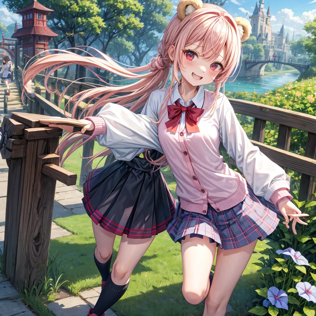 Pink Blonde、Red eyes、Hair tied up、Two cute、Checked mini skirt、black t-shirts、cardigan、Knee-high socks、bear ears baseball cap、Teeth are visible、Monster Castle、Tilting face、crossing the bridge、hazakura、windmill、grass、Stones are growing out of the ground.、impregnable、A teddy bear is walking、Morning glory is blooming.、In front of the city gates