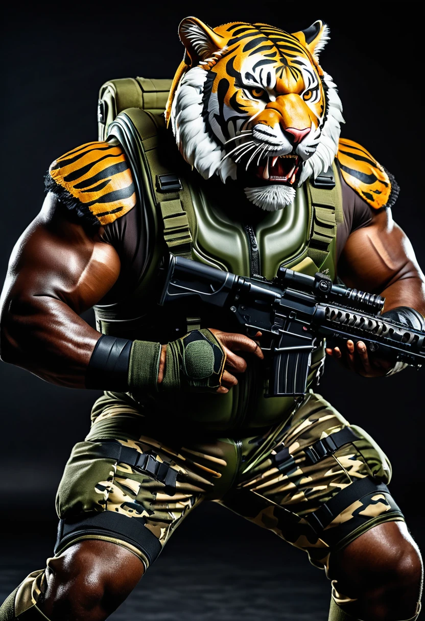 (a dark-skinned fat muscular old man in a bulky army camouflage zipper diver suit) carrying a machine gun, (wearing realistic roaring tiger mask), dynamic action pose, fierce expression, showcasing an imposing stature, surrounded by military elements, dramatic shadows and intense highlights, cinematic color tones, high detail, powerful, art influenced by Bruce Onobrakpeya and Stanley Artgerm, ultra-detailed, best quality image, action-packed atmosphere. fighting stance