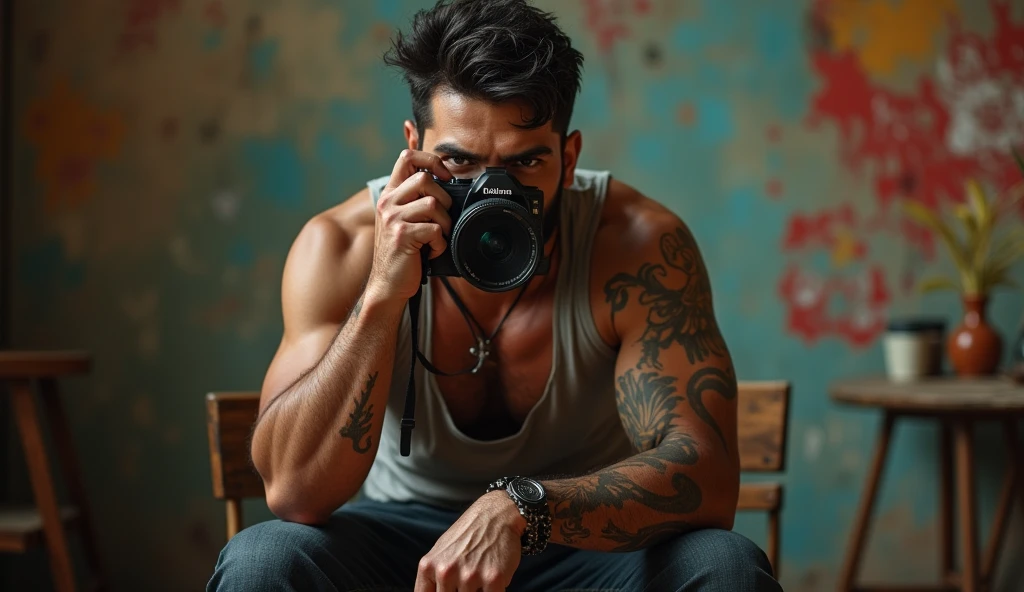 a close up of a man sitting on a stool holding a camera, mid-shot of a hunky, roshan, he is a rockstar, photoshoot, handsome and attractive, in a menacing pose, a handsome, handsome man, intense look, mm, profile pic, muscular!!!, morning shot, stylish pose, fan art, f 2, f2