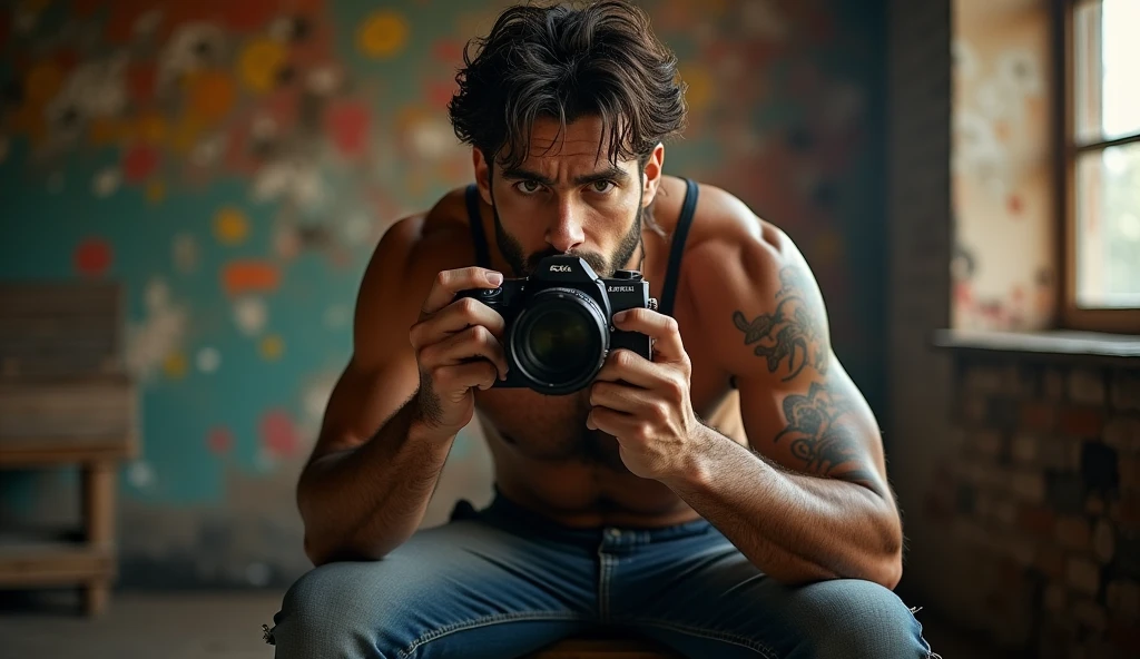 a close up of a man sitting on a stool holding a camera, mid-shot of a hunky, roshan, he is a rockstar, photoshoot, handsome and attractive, in a menacing pose, a handsome, handsome man, intense look, mm, profile pic, muscular!!!, morning shot, stylish pose, fan art, f 2, f2
