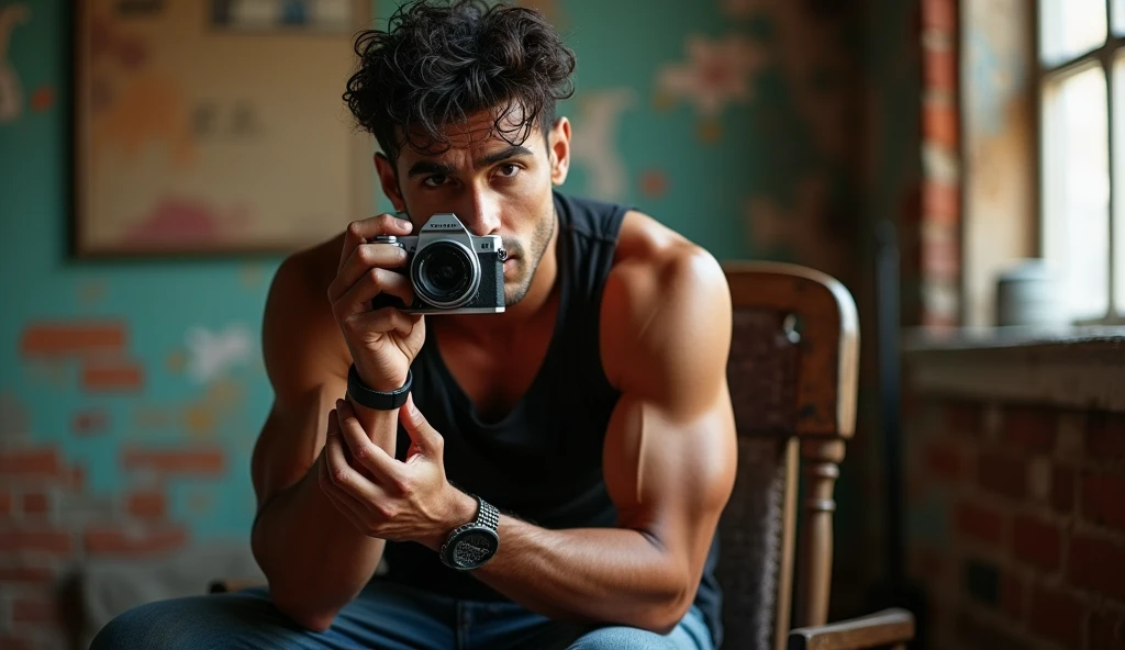 a close up of a man sitting on a stool holding a camera, mid-shot of a hunky, roshan, he is a rockstar, photoshoot, handsome and attractive, in a menacing pose, a handsome, handsome man, intense look, mm, profile pic, muscular!!!, morning shot, stylish pose, fan art, f 2, f2