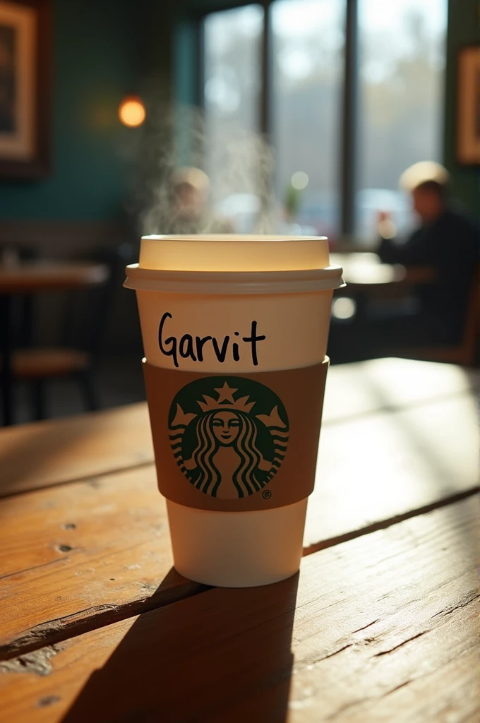 A Starbucks coffee with ' Garvit ' written on it with marker . Low quality image