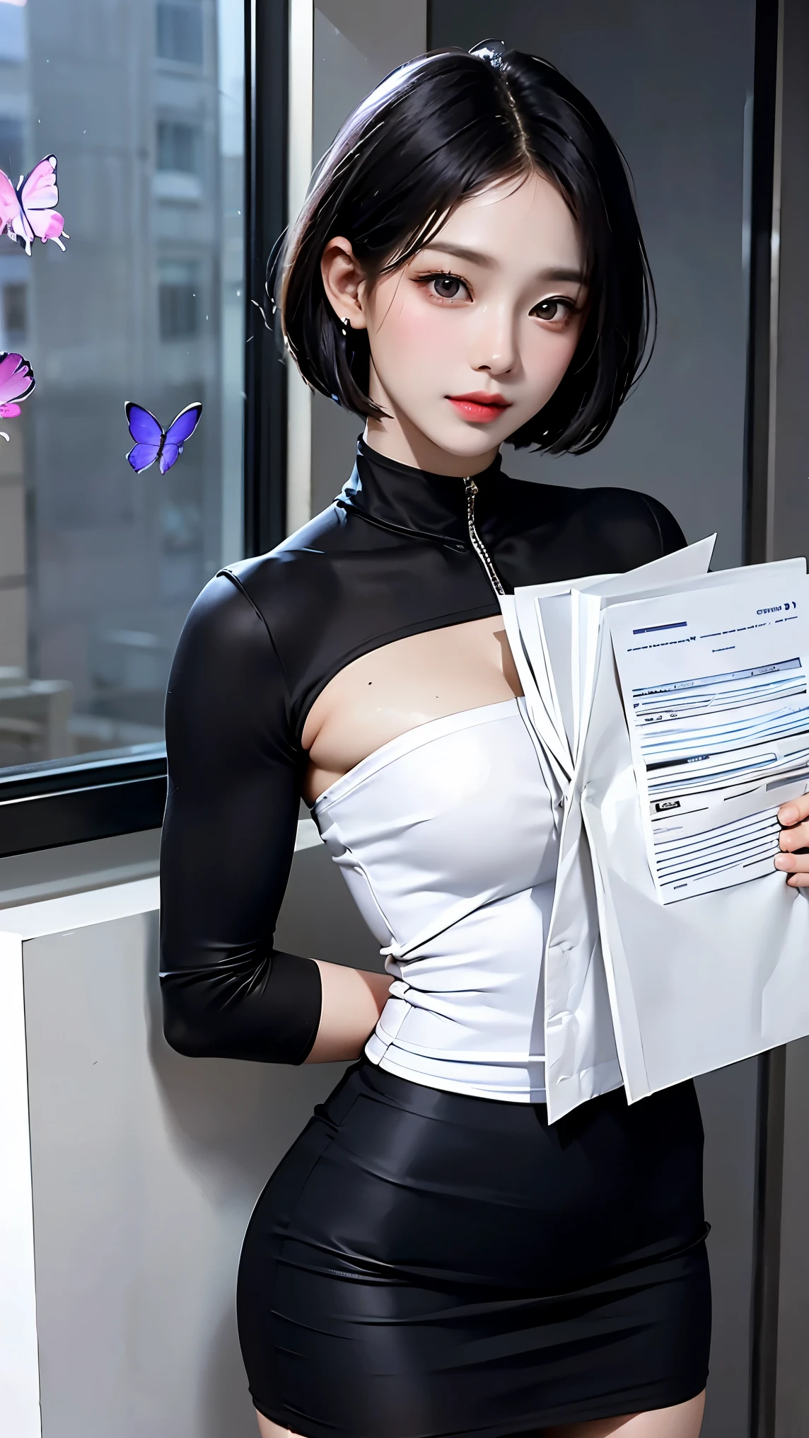 (full body shot), 30s married woman, professor, light smile, Glowing bronze skin, best quality, masterpiece, (realistic:1.4), (((I have a lot of fine muscles all over my body.)), (((tight waist))), ((Dress modestly 속에 보이는 그녀의 탄탄한 몸매))、(Domineering expression), I can see your abs, muscular, bijouterie, black short hair, Short bob hairstyle that reaches her shoulders, pointed nose, pretty face, Dress modestly, All Black Suit(skirt) Set, Coffee-colored stockings, Has purple eyes. Office inside the Magic Age, I'm holding a huge stack of paperwork.. Colorful butterflies are flying around him.