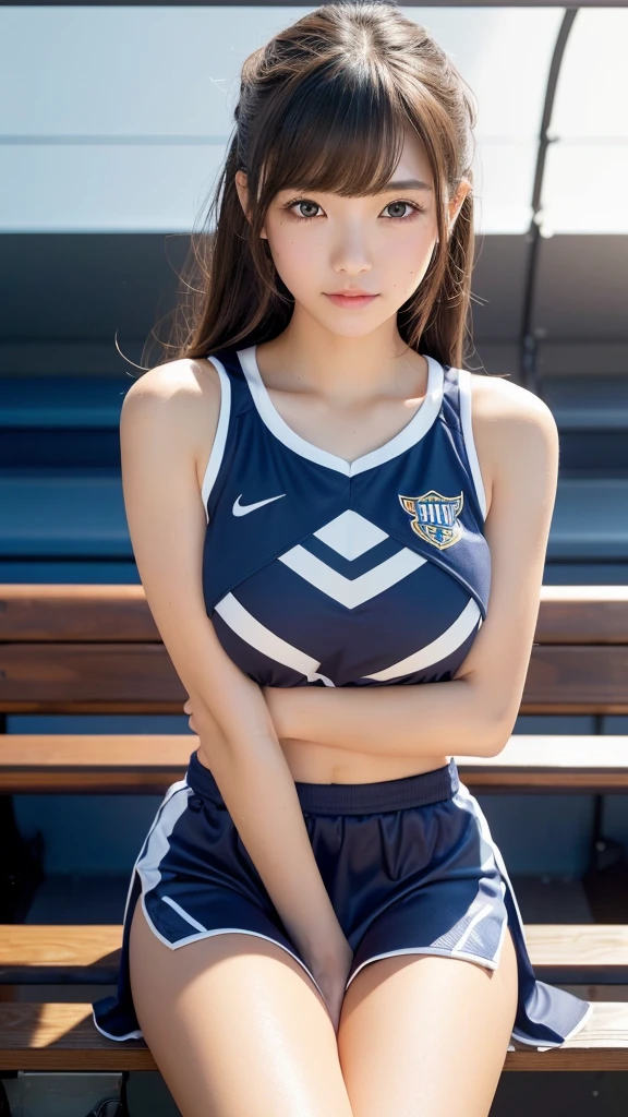 Product quality,1 girl,Cheerleader,Cowboy Shot,Young and cute Japanese,20-year-old,((Stadium bench background:1.2)),A small smile,cheer leading,break,The pom-poms are placed side by side.,Sit cross-legged on a bench,Wipe the sweat with a towel,Drink a sports drink,Complete off-shot,Cheerleaderuniform,Ultra Short Short Pleated Mini Skirt,Very cute face,Baby Face,Glossy Lips,(Beautiful big eyes),Gray Eyes,Double eyelids on both eyes,(Natural Makeup),shiny smooth light brown long hair,,Asymmetrical bangs,Floating Hair NovaFrog Style,Center image,8k resolution,Attention to detail,Detailed hairstyle,Detailed face,Cinema Lighting,Octane Rendering,Ultra-realistic,(Glowing Skin, Sweaty:1.3)Perfect limbs,Beautiful legs,Voluptuous thighs,Huge breasts,(Expresses the roundness and softness of the chest area..........1),Perfect Anatomy,((relax:1.3))