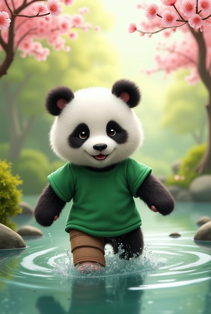 A panda wearing a green shirt with an injured leg,Attempting to cross the river,Cute realistic style,Chinese style in the background