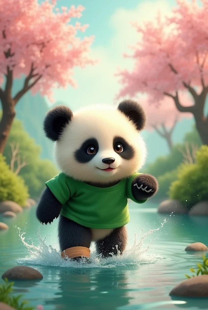 A panda wearing a green shirt with an injured leg,Attempting to cross the river,Cute realistic style,Chinese style in the background