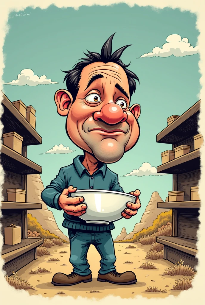 Editorial cartoon funny face man little sad close mouth holding bowl getting help no resources